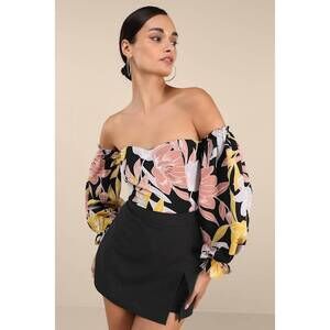 Lulus Bring The Blossom Black Floral Print Off-the-shoulder Bodysuit - Size M